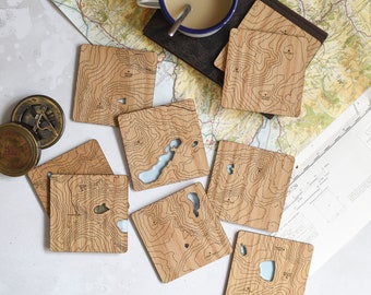 Wales, Snowdonia Coasters: laser etched maps on oak, a gift for walkers, hikers, dads & groomsmen