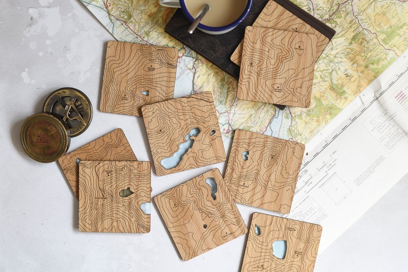 Wales, Snowdonia Coasters: laser etched maps on oak, a gift for walkers, hikers, dads & groomsmen image 1