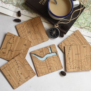 Peak District Coasters: laser etched maps on oak, a gift for walkers, hikers, dads & groomsmen image 1