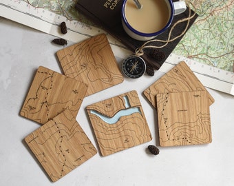 Peak District Coasters: laser etched maps on oak, a gift for walkers, hikers, dads & groomsmen