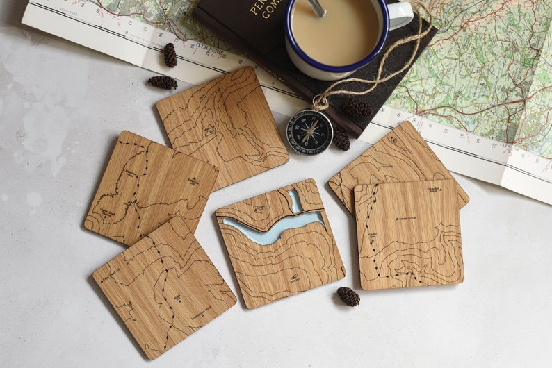 Peak District Coasters: laser etched maps on oak, a gift for walkers, hikers, dads & groomsmen image 1