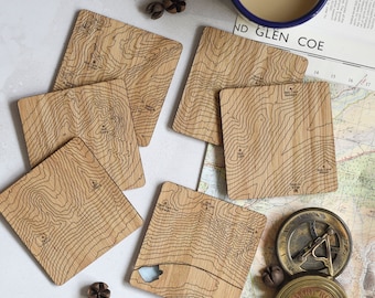 Glencoe Map Coasters: laser etched maps on oak, a gift for walkers, hikers, dads & groomsmen