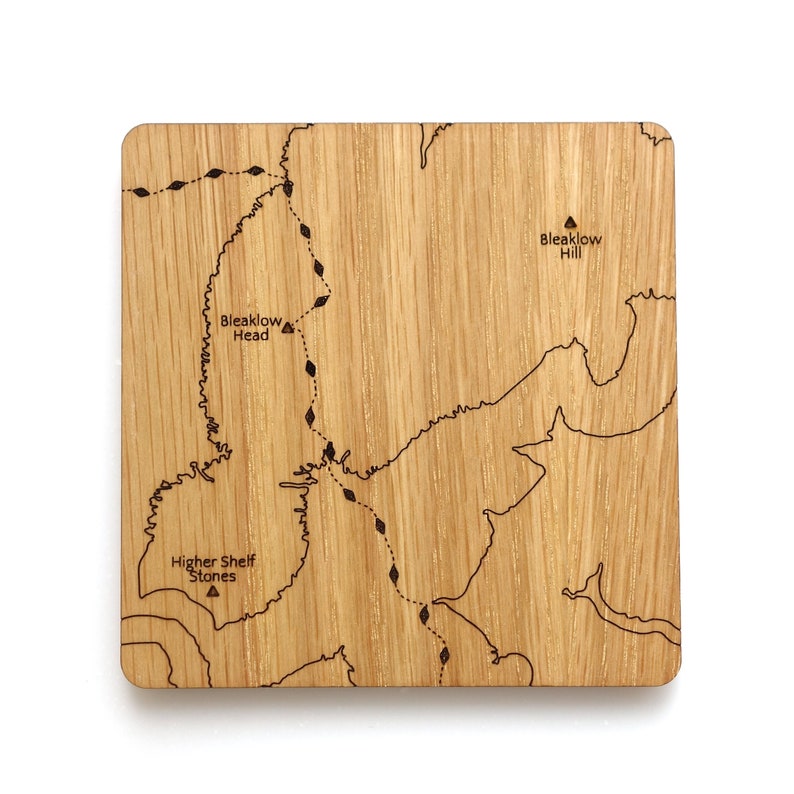 Peak District Coasters: laser etched maps on oak, a gift for walkers, hikers, dads & groomsmen image 4