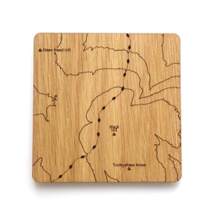Peak District Coasters: laser etched maps on oak, a gift for walkers, hikers, dads & groomsmen image 3