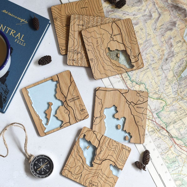 Lake District Coasters: laser etched maps on oak, a gift for walkers, hikers, dads & groomsmen