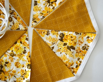 4.5ft. Vintage Style Golden Yellow Floral Bunting Banner Garland. Rose Print.