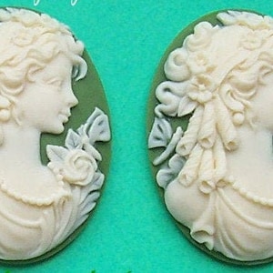 2 IVORY Color on IRISH GREEN Lady Goddess with Long Curls Adorned with Dragonflies and Flowers 40mm x 30mm Cameo Cameos Costume Jewelry