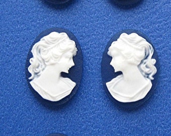 6 (3 Pairs) Right & Left Facing White on Navy Blue 18mm x 13mm Classic PONYTAIL LADY Profile CAMEOS Lot Cabochons Cameo Costume Jewelry