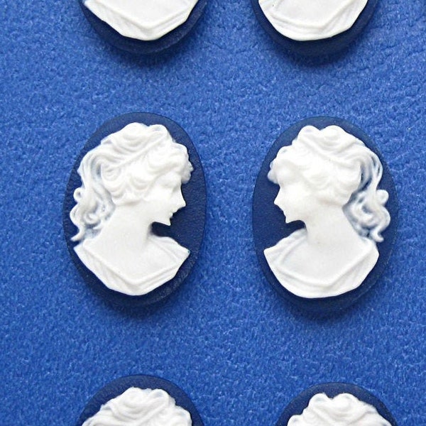 6 (3 Pairs) Right & Left Facing White on Navy Blue 18mm x 13mm Classic PONYTAIL LADY Profile CAMEOS Lot Cabochons Cameo Costume Jewelry