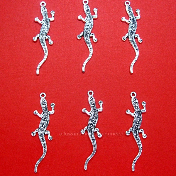 6 ANTIQUED Silver Tone LIZARD GECKO Salamander Pendant Pendants Charms for Making Costume Jewelry Crafts Earrings or Necklaces