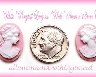 6 (3 Pairs) Right & Left Facing 18mm x 13mm Classic White on Light Pink PONYTAIL LADY Profile CAMEOS Cabochons Cameo for Costume Jewelry