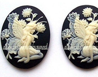 2 Fairy and Thistle Ivory Color on Black 40mm x 30mm Resin CAMEOS LOT for Making Costume Jewelry