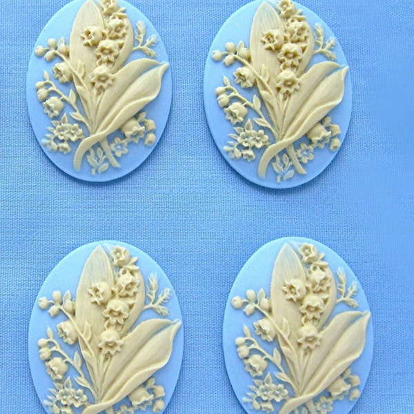 4 Ivory Color on Light Baby Blue Lily of the Valley Bouquet Floral May Birth Flower 40mm x 30mm Resin CAMEOS LOT for Costume Jewelry Crafts