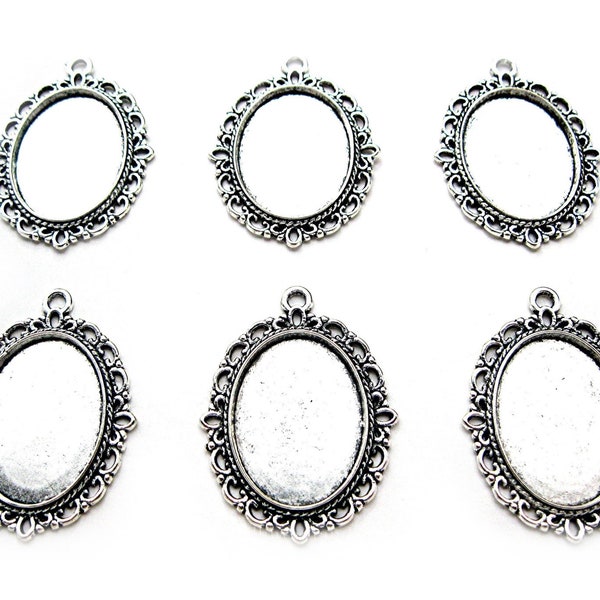 6 Gothic Antiqued Silvertone VERSAILLES Style 18mm x 13mm Cameo Settings Frames Pendant Pendants for Costume Jewelry Crafts