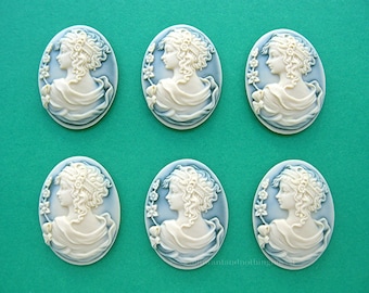 6 Ivory Color on Green Swirl Greek Goddess Lady with Flowers Looking Back 25mm x 18mm Cameo Resin Cameos Lot for Making Costume Jewelry