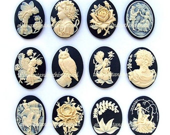 12 Assorted Styles Ivory color on Black 40mm x 30mm Resin  CAMEOS LOT A for Making Costume Jewelry
