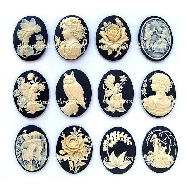 12 Assorted Styles Ivory color on Black 40mm x 30mm Resin  CAMEOS LOT A for Making Costume Jewelry