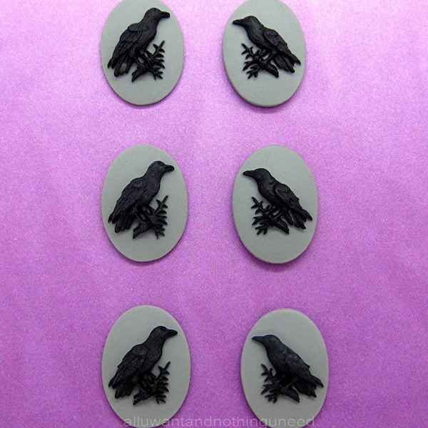 3 Matching Pairs Left & Right Goth Crow Raven Blackbird Black Bird Wiccan Emo Black on Gray 18mm x 13mm Cabachons CAMEOS LOT Costume Jewelry