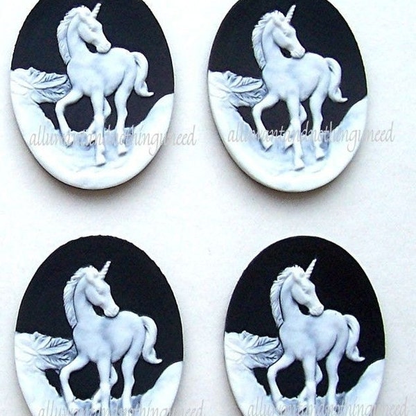 4 White Mythological Unicorns Unicorn on Black Background 40mm x 30mm Resin Cameos Lot Horse Equine for Making Costume Jewelry