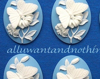 4 White Butterfly with Floral Flower on Baby Blue Butterflies Cameo 40mm x 30mm Resin CAMEOS LOT for Making Costume Jewelry