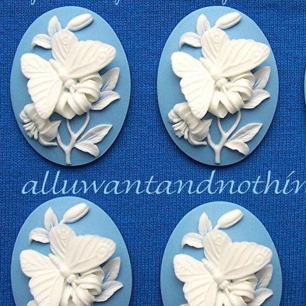 4 White Butterfly with Floral Flower on Baby Blue Butterflies Cameo 40mm x 30mm Resin CAMEOS LOT for Making Costume Jewelry