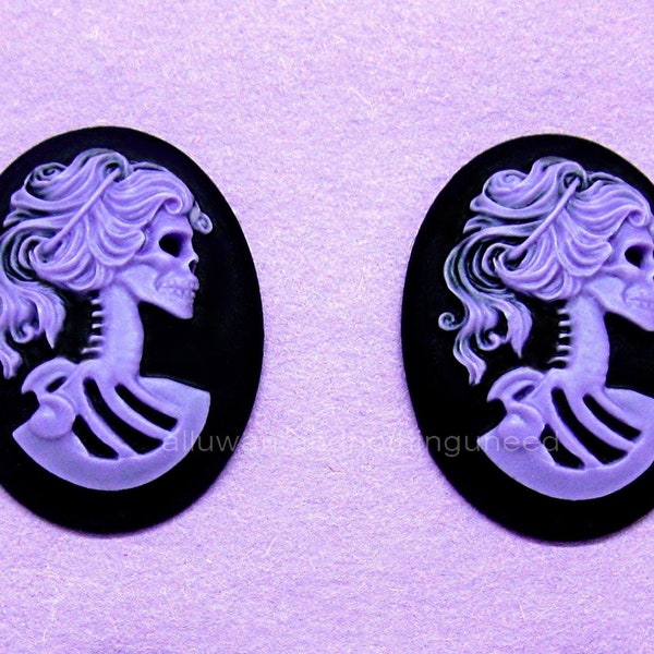 2 Goth Punk Halloween Lolita Purple color LADY She SKULL on Black 40mm x 30mm Cameos Goth Emo Skeleton Day of Dead Cabachons Costume Jewelry