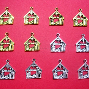 12 (6 Ant. Goldtone/6 Ant. Silvertone) Nativity Manger Christmas Christian Pendants 19mm x 15mm x 5mm Costume Jewelry for Earrings Necklaces