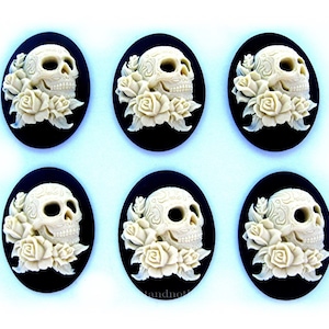 6 Goth Punk Halloween Pirate IVORY on Black SKULL with Tattoos & Roses 25mm x 18mm CAMEOS Lot Halloween Skeleton Day of Dead Costume Jewelry