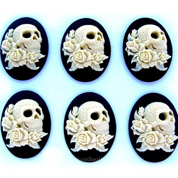 6 Goth Punk Halloween Pirate IVORY on Black SKULL w Tattoos & Roses 30mm x 20mm CAMEOS Lot Goth Emo Skeleton Day of Dead Emo Costume Jewelry