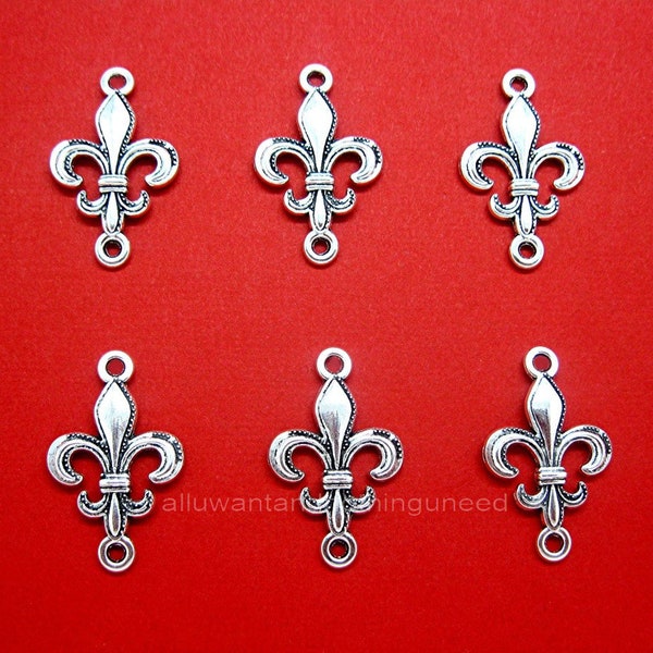 6 Antiqued Silver Tone Silvertone Fleur De Lis Lily Gothic Style Double Loop CAMEO Settings Frames Pendants Connectors for Costume Jewelry