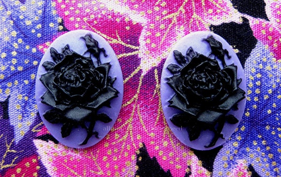 6 Roses Floral Rose Flower Purple or Dark Lavender Color on Black 25mm x 18mm Resin CAMEOS LOT for Making Costume Jewelry