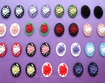 30 (15 Pairs in 15 Different Colors) 18mm x 13mm Petite Open Rose Rosebud Flower Roses CAMEOS Lot Cabachons Cameo for Making Costume Jewelry