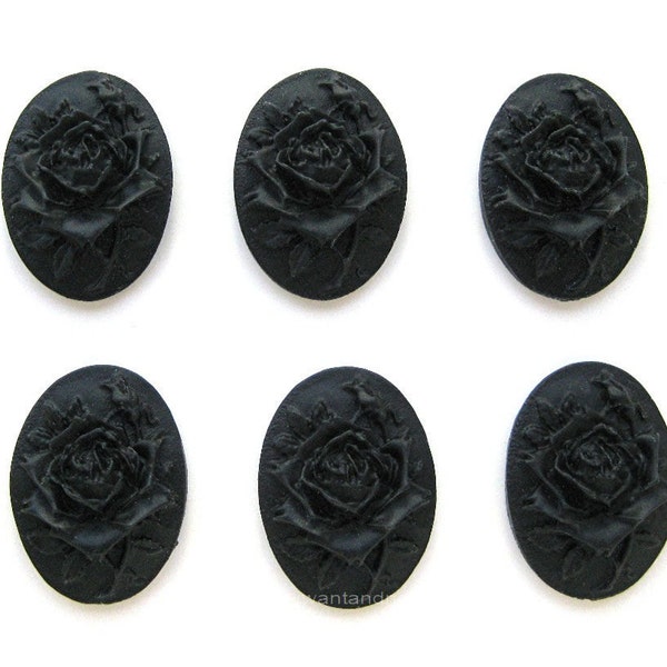 6 Roses Flower Black Color Rose on Black (3 Pairs) Goth Gothic Emo Fantasy Day of Dead Death 18mm x 13mm Resin CAMEOS LOT Costume Jewelry