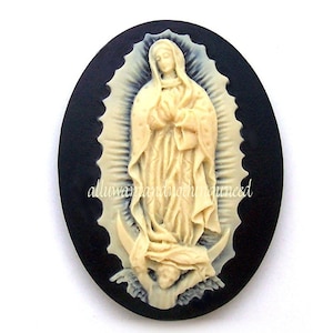 2 Christian Religious Our Lady Of Guadalupe Virgin Mary Holy Mother Jesus Ivory Color on Black 40mm x 30mm Resin Costume Jewelry Cameos LOT image 2