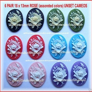 12 (6 Pairs in 6 Different Colors) 18mm x 13mm Petite Open Rose Rosebud Flower Roses CAMEOS Lot Cabachons Cameo for Making Costume Jewelry