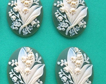 4 NEW Lily of the Valley Bouquet Floral Flower May Ivory on Deep Spring Green 40mm x 30mm Resin CAMEOS LOT for Making Costume Jewelry