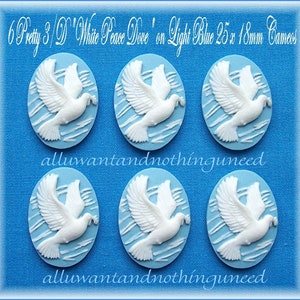 6 White On Bright Baby Blue Peace Doves with Olive Branch Cameo Bird Birds Cameo 25mm x 18mm CAMEOS  Cabachons for Making Costume Jewelry