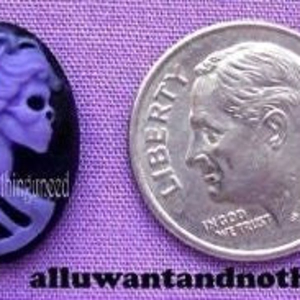 24 RIGHT FACING ONLY Goth Punk Halloween Lolita Pirate Purple on Black She Skull 18mm x 13mm Cameos Emo Lady Skeleton for Costume Jewelry