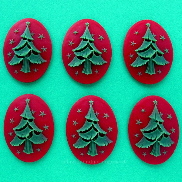 6 Green Christmas Tree on a Bright Red Background Holiday Evergreen 25mm  x 18mm Resin CAMEOS Crafts Lot for Making Costume Jewelry