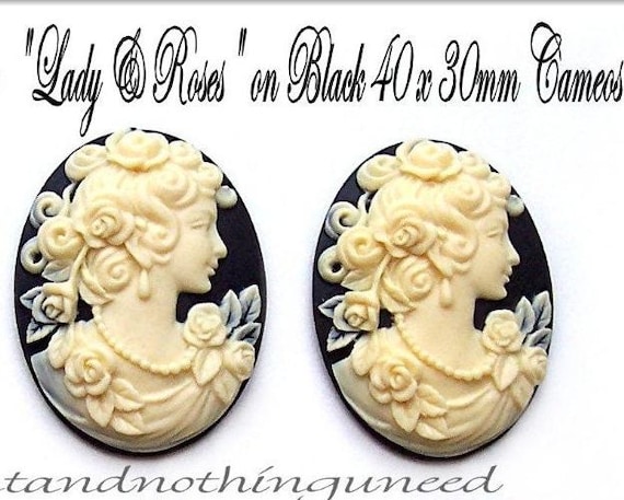 2 Ivory Color on Black Rose Goddess 40mm x 30mm Cameo Resin Cameos Lot for Making Costume Jewelry