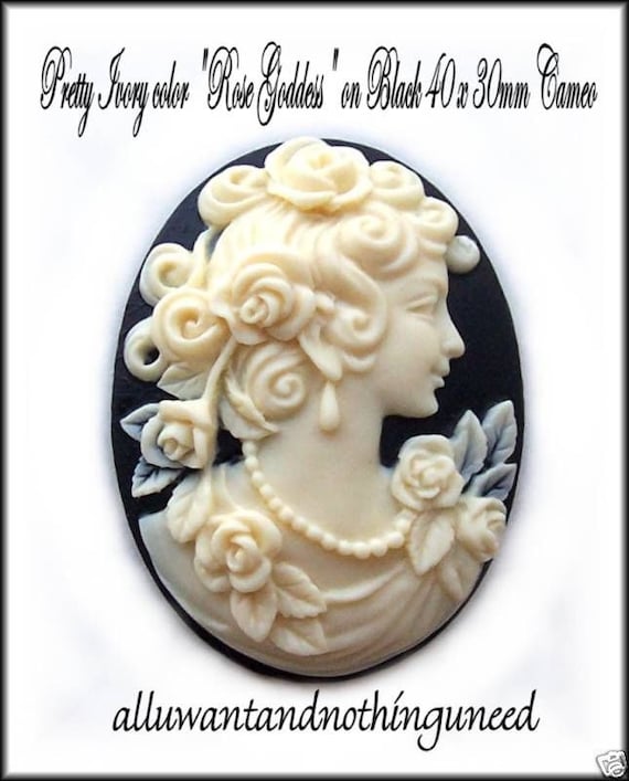 6 Ivory Color on BLACK SKULL w// Tattoos and Roses 30mm x 20mm Craft CAMEOS