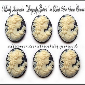 6 IVORY Color on Black Lady Goddess with Long Curls Adorned with Dragonflies and Flowers 25mm x 18mm Cameo Cameos Costume Jewelry