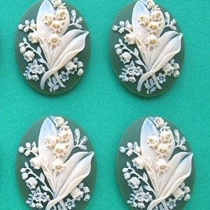 4 Lily of the Valley Bouquet Floral Flower May Ivory Color on a Lovely Spring Green 40mm x 30mm Resin CAMEOS LOT for Costume Jewelry Crafts