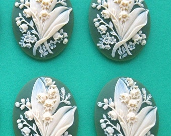 4 Lily of the Valley Bouquet Floral Flower May Ivory Color on a Lovely Spring Green 40mm x 30mm Resin CAMEOS LOT for Costume Jewelry Crafts