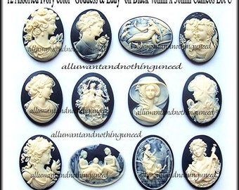 2 IVORY color FAIRY & ROSES Flowers on BLACK 40mm x 30mm Costume Jewelry CAMEOS