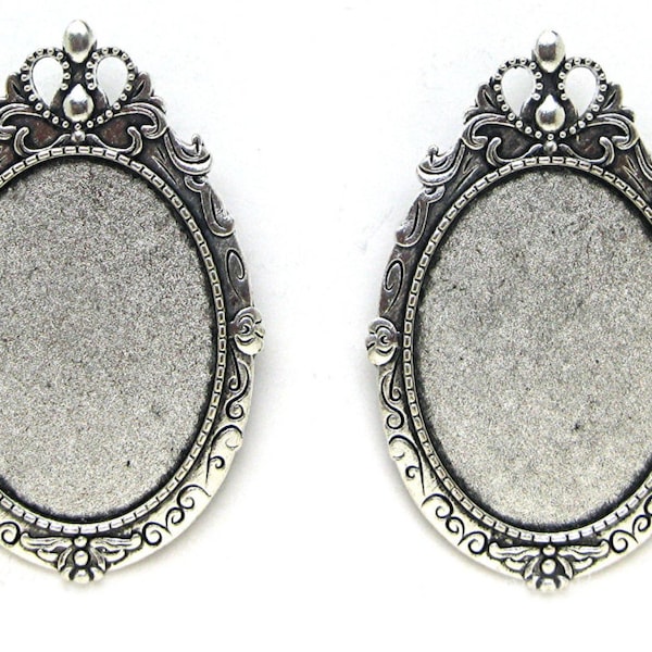 2 Antiqued SILVERTONE ROYAL Style Brooch Pin Pendant 40mm x 30mm CAMEO Frames Settings Mountings for Making Costume Jewelry Crafts