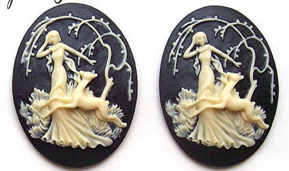 2 Ivory Color Mythological Diana the Huntress with Deer on Black 40mm x 30mm Resin Cameos Lot for Making Costume Jewelry