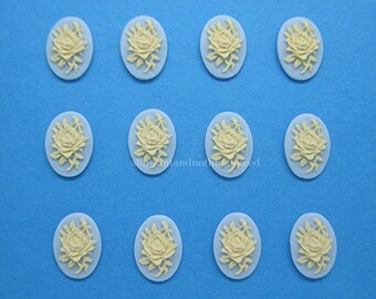 12 (6 Pairs) 18mm x 13mm Petite Open Rose Rosebud Flower Roses Ivory Color on Light Blue CAMEOS Lot Cabochons Cameo to Make Costume Jewelry