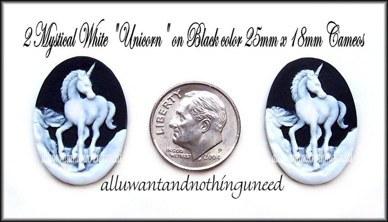 6 White Mythological UNICORN Unicorns on Black Background 25mm x 18mm Resin Cameos Lot Horse Equine for Making Costume Jewelry immagine 2