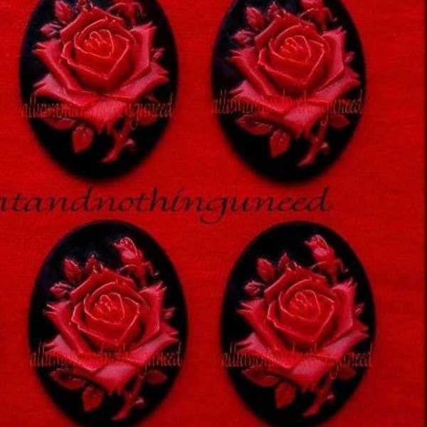 4 Roses Floral Rose Roses Flower True Bright Red Color on Black 40mm x 30mm Resin CAMEOS LOT for Making Costume Jewelry